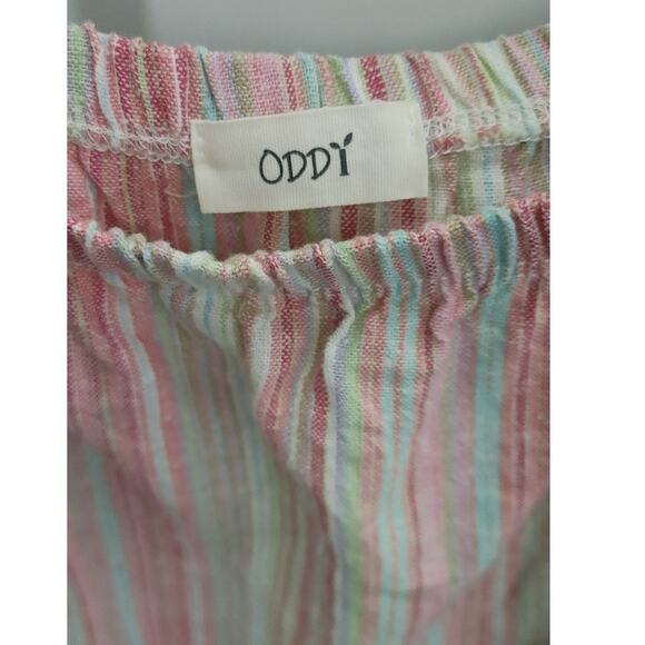 Oddy Dress Off Shoulder Mini Linen Blend Large Striped Multicolor Pockets - Picture 2 of 5
